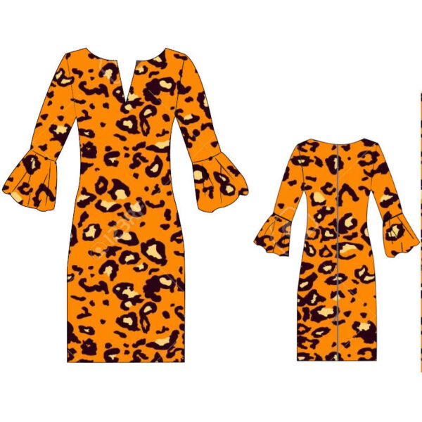 jurk-aangefronste-mouwen-onderaan-oranje-tijgerprint